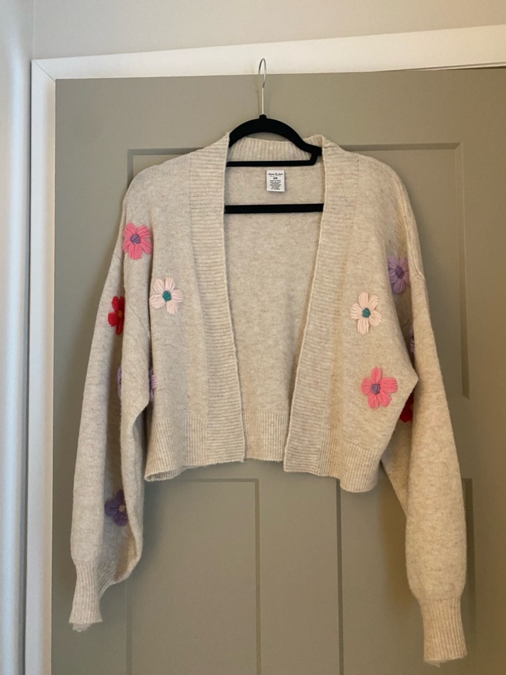 Anna & Ava Cream Cropped Cardigan with Pink & Purple Floral Embroidery